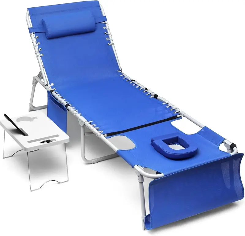 Adjustable Outdoor Sun Lounger – Blue Reclining Chaise with Face Opening, 5-Position Backrest, Foldable Side Table, Detachable Pillow, and 330-Lb Capacity