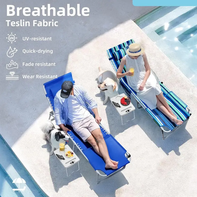 Adjustable Outdoor Sun Lounger – Blue Reclining Chaise with Face Opening, 5-Position Backrest, Foldable Side Table, Detachable Pillow, and 330-Lb Capacity