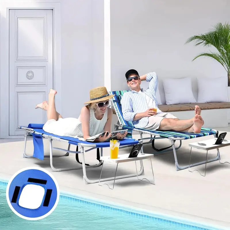 Adjustable Outdoor Sun Lounger – Blue Reclining Chaise with Face Opening, 5-Position Backrest, Foldable Side Table, Detachable Pillow, and 330-Lb Capacity
