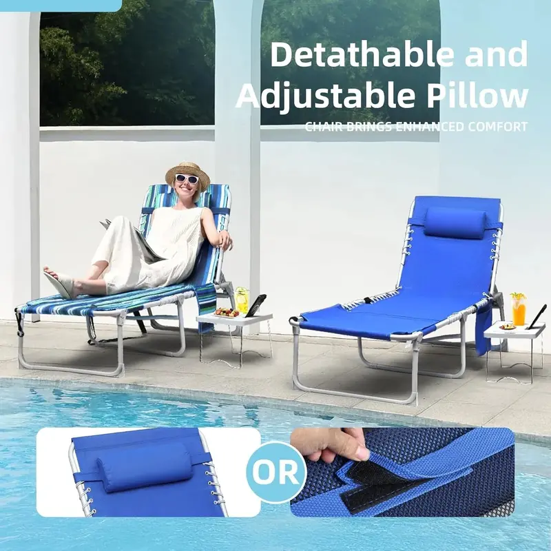 Adjustable Outdoor Sun Lounger – Blue Reclining Chaise with Face Opening, 5-Position Backrest, Foldable Side Table, Detachable Pillow, and 330-Lb Capacity