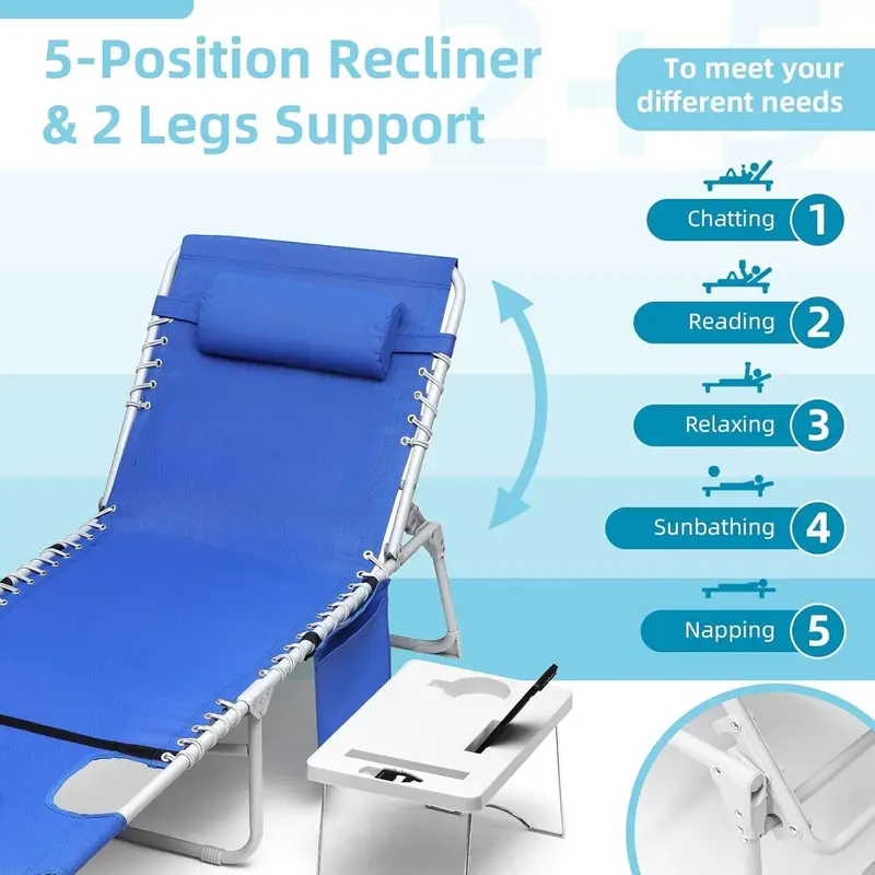 Adjustable Outdoor Sun Lounger – Blue Reclining Chaise with Face Opening, 5-Position Backrest, Foldable Side Table, Detachable Pillow, and 330-Lb Capacity