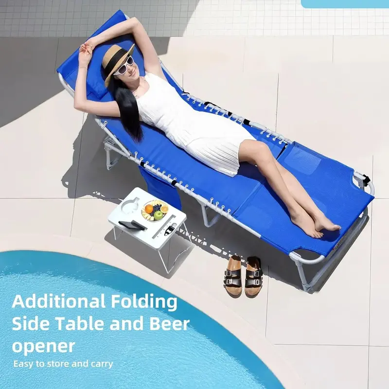 Adjustable Outdoor Sun Lounger – Blue Reclining Chaise with Face Opening, 5-Position Backrest, Foldable Side Table, Detachable Pillow, and 330-Lb Capacity