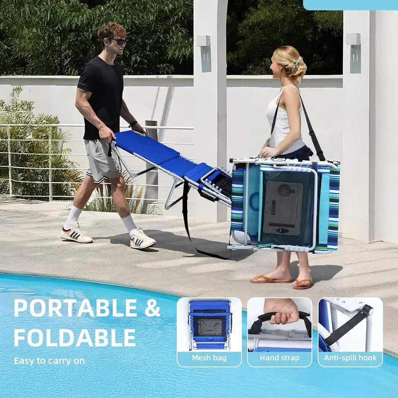 Adjustable Outdoor Sun Lounger – Blue Reclining Chaise with Face Opening, 5-Position Backrest, Foldable Side Table, Detachable Pillow, and 330-Lb Capacity