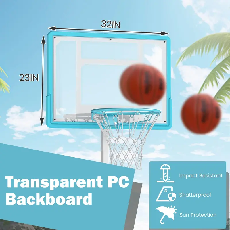 Adjustable Poolside Basketball Hoop – Height-Variable (3.1–4.1 ft), 32" Shatterproof Backboard