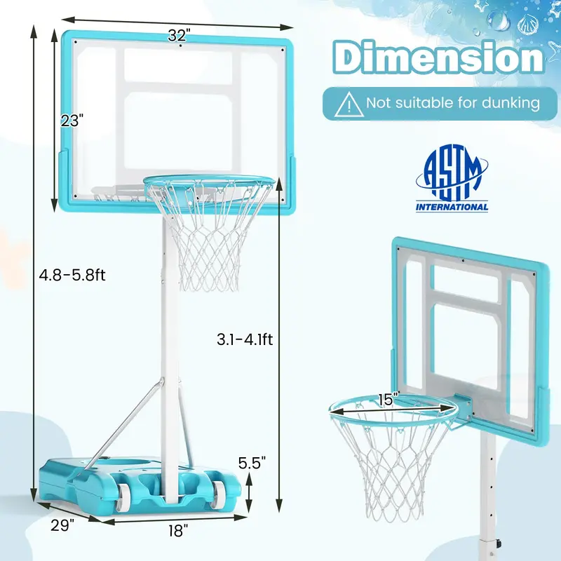 Adjustable Poolside Basketball Hoop – Height-Variable (3.1–4.1 ft), 32" Shatterproof Backboard