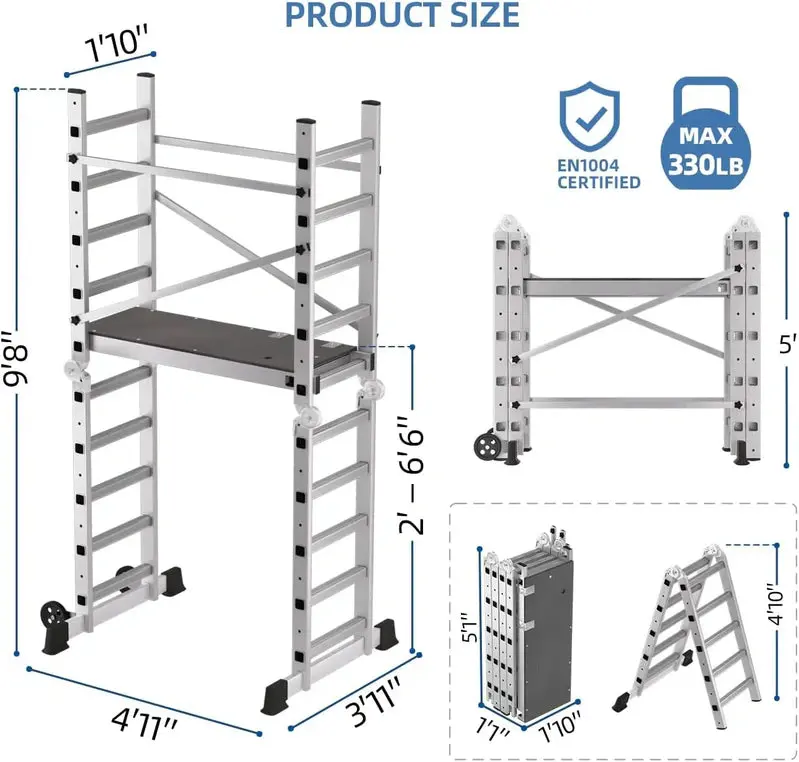 Adjustable Rolling Scaffolding Tower – Compact Foldable Work Platform Rated for 330 lbs