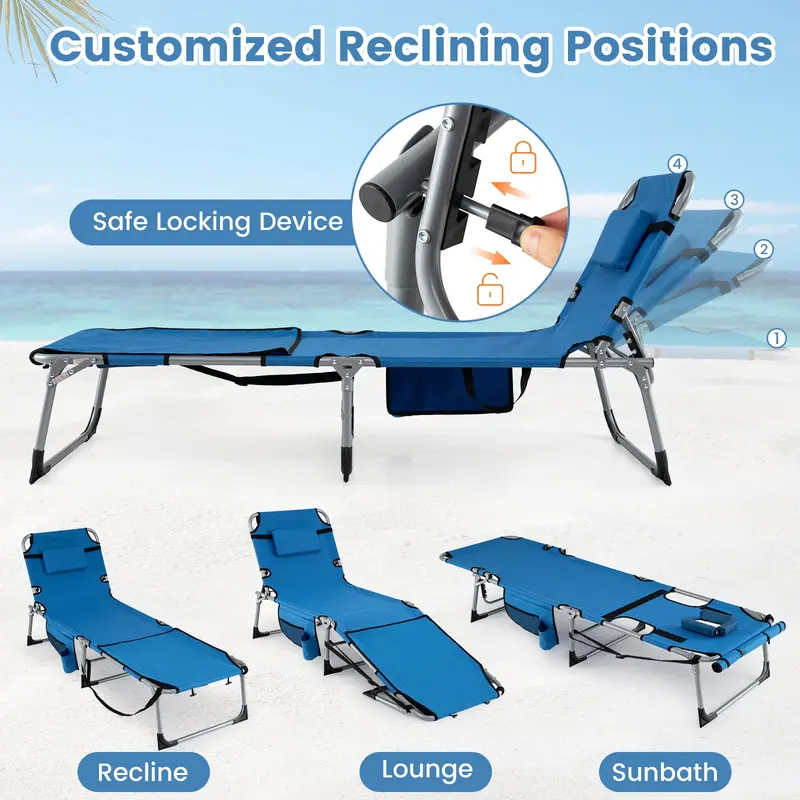 Adjustable Sun Lounger with Face Access Holes, Four-Tier Recline Mechanism, and Plush Head Support