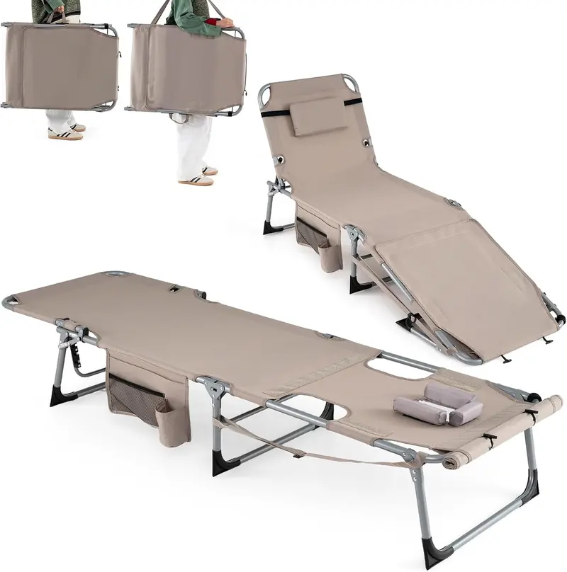 Adjustable Sun Lounger with Face Access Holes, Four-Tier Recline Mechanism, and Plush Head Support