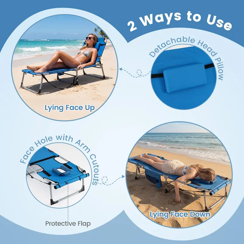 Adjustable Sun Lounger with Face Access Holes, Four-Tier Recline Mechanism, and Plush Head Support