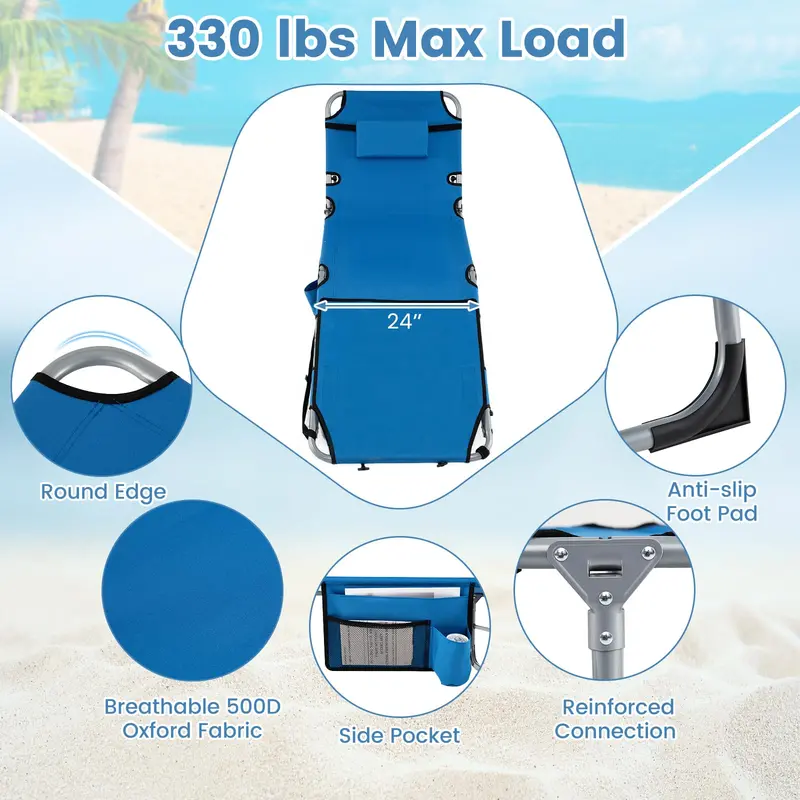 Adjustable Sun Lounger with Face Access Holes, Four-Tier Recline Mechanism, and Plush Head Support