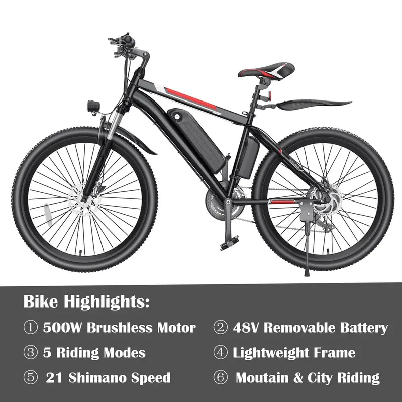 Adult Electric Bike – 500W 26-Inch Commuter Ebike with Cruise Control