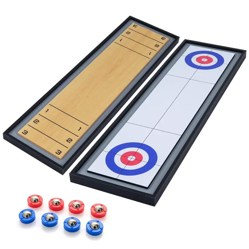 Adult Shuffleboard and Curling Hybrid Board Game Set for Indoor or Patio Use