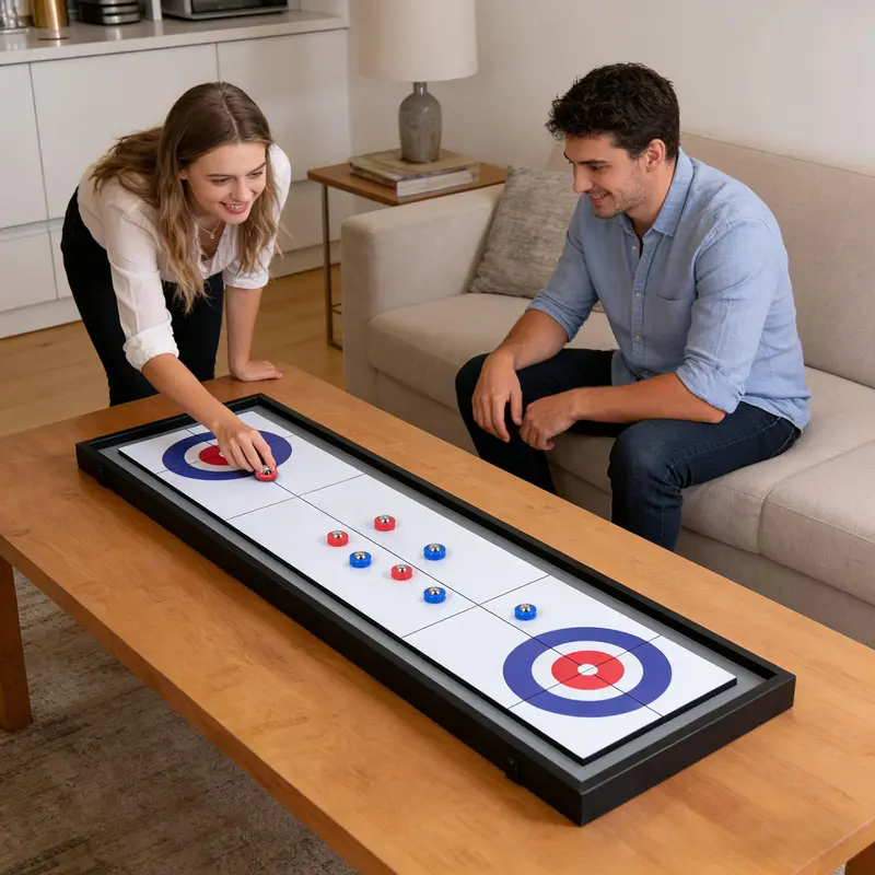 Adult Shuffleboard and Curling Hybrid Board Game Set for Indoor or Patio Use 2