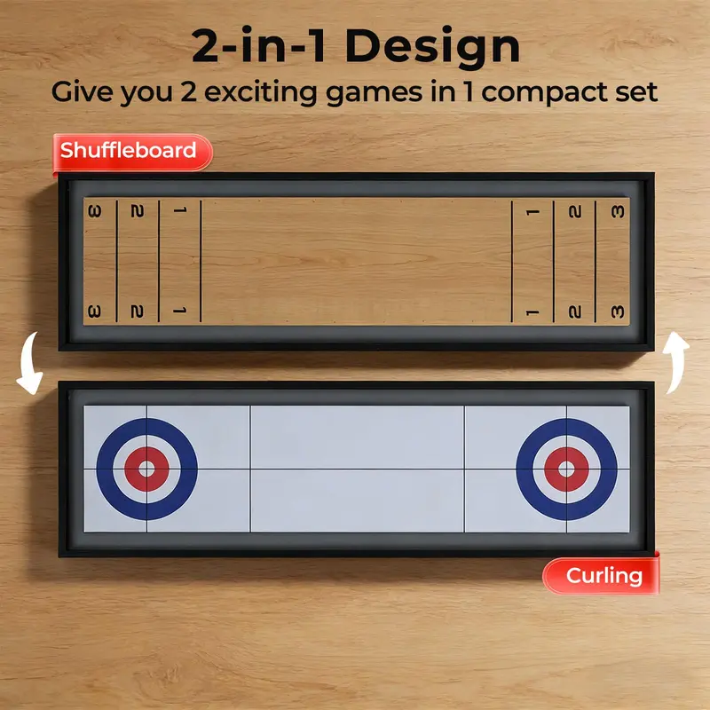 Adult Shuffleboard and Curling Hybrid Board Game Set for Indoor or Patio Use