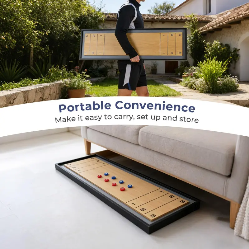 Adult Shuffleboard and Curling Hybrid Board Game Set for Indoor or Patio Use