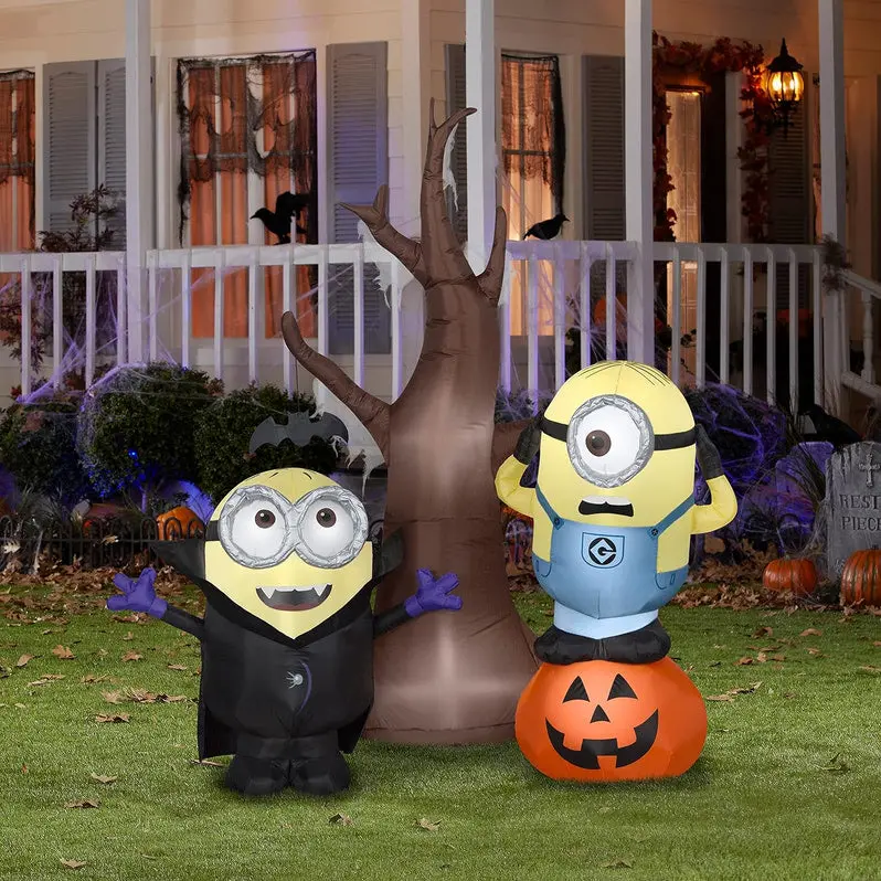 Air-Powered Minions Halloween Decor – Animated Fan-Driven Tree and Pumpkin Scene