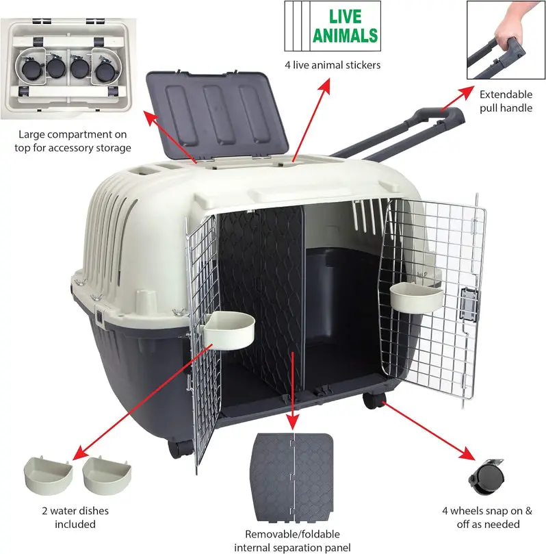 Airline-Compliant Rolling Dog Travel Crate – XXX-Large Hard-Sided Kennel with Wire Door & Smooth-Castor Wheels (Gray)