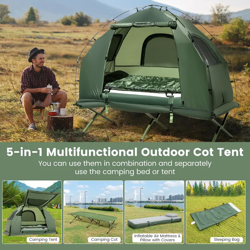 All-in-One 5-in-1 Camping Cot System with Air Mattress, Pop-Up Tent, Sleeping Bag, and Travel Pillow 2