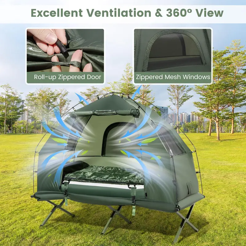 All-in-One 5-in-1 Camping Cot System with Air Mattress, Pop-Up Tent, Sleeping Bag, and Travel Pillow