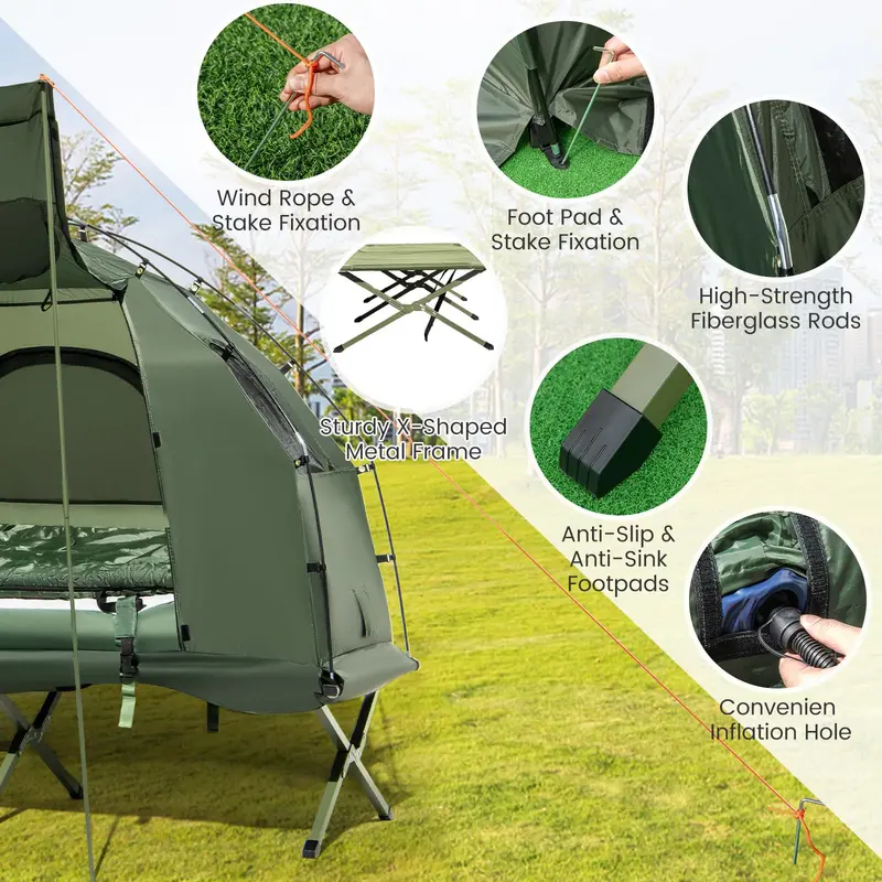 All-in-One 5-in-1 Camping Cot System with Air Mattress, Pop-Up Tent, Sleeping Bag, and Travel Pillow