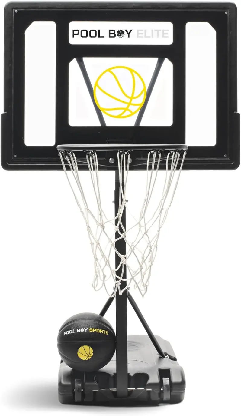 All-in-One Adjustable Pool Basketball System – Matte Black Frame with Composite Ball, Air Pump, and Mounting Hardware