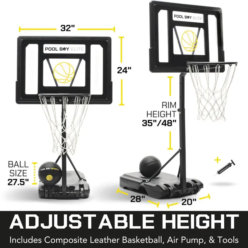 All-in-One Adjustable Pool Basketball System – Matte Black Frame with Composite Ball, Air Pump, and Mounting Hardware
