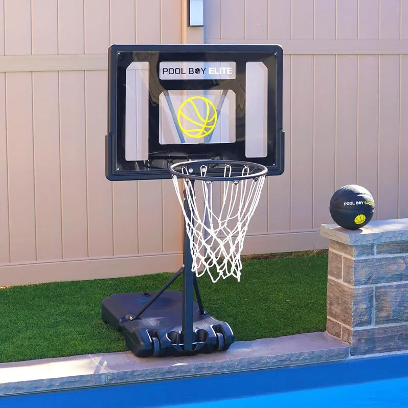 All-in-One Adjustable Pool Basketball System – Matte Black Frame with Composite Ball, Air Pump, and Mounting Hardware