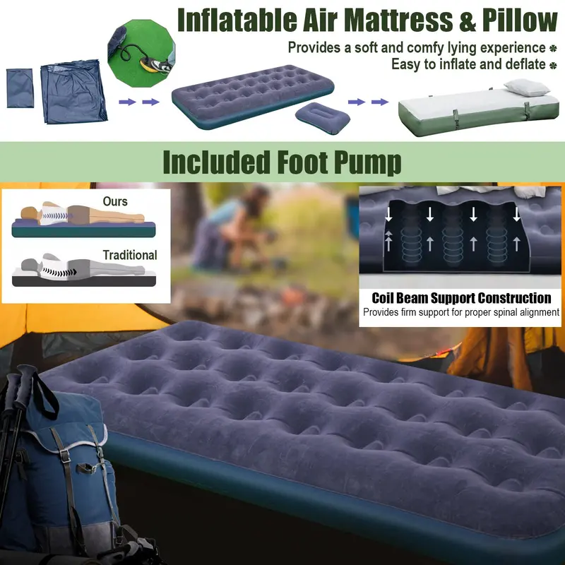 All-in-One Camping Cot System – Air Mattress, Pillow, Sleeping Bag & Carry Bag Included