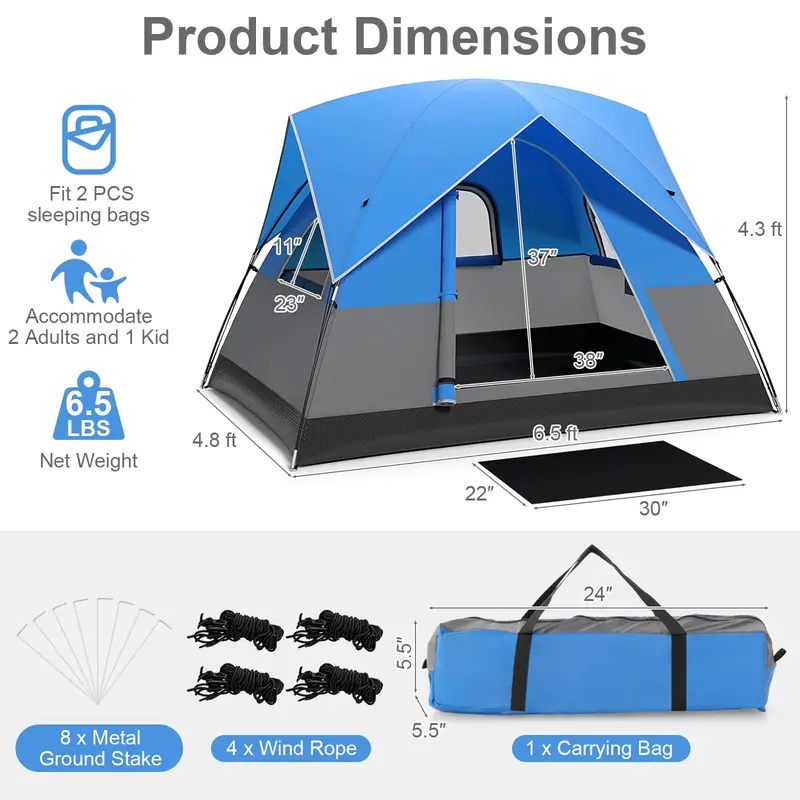 All-Season 2–3 Person Dome Tent with Detachable Rainfly and Reinforced Wind Resistance