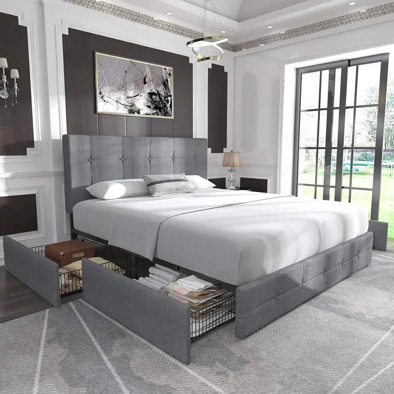 Allewie Modern Upholstered Queen Platform Bed with Integrated Under-Bed Storage Drawers