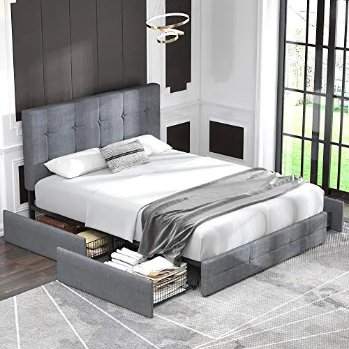 Allewie Modern Upholstered Queen Platform Bed with Integrated Under-Bed Storage Drawers