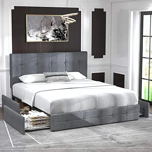 Allewie Modern Upholstered Queen Platform Bed with Integrated Under-Bed Storage Drawers