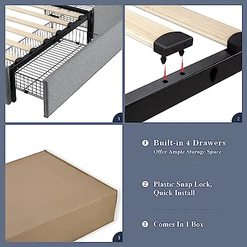 Allewie Modern Upholstered Queen Platform Bed with Integrated Under-Bed Storage Drawers