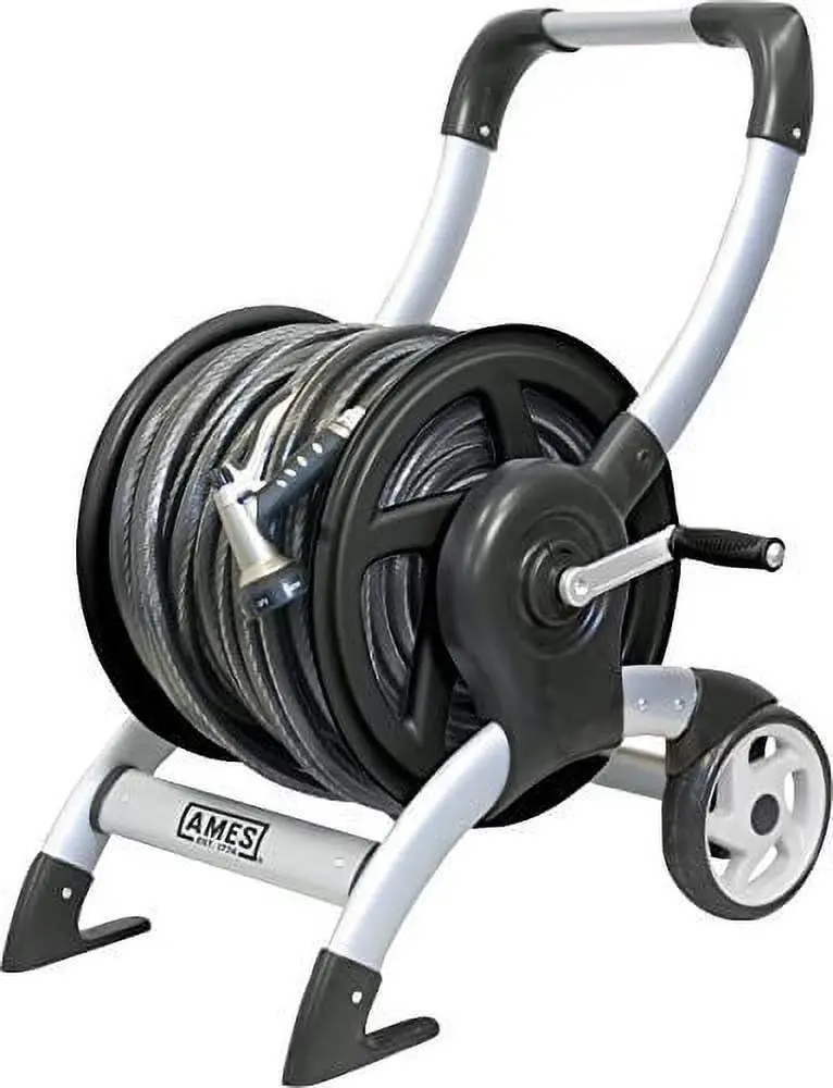 Ames Aluminum Hose Reel Cart – Sleek Silver Design, Supports Up to 200 Feet of Standard Garden Hose