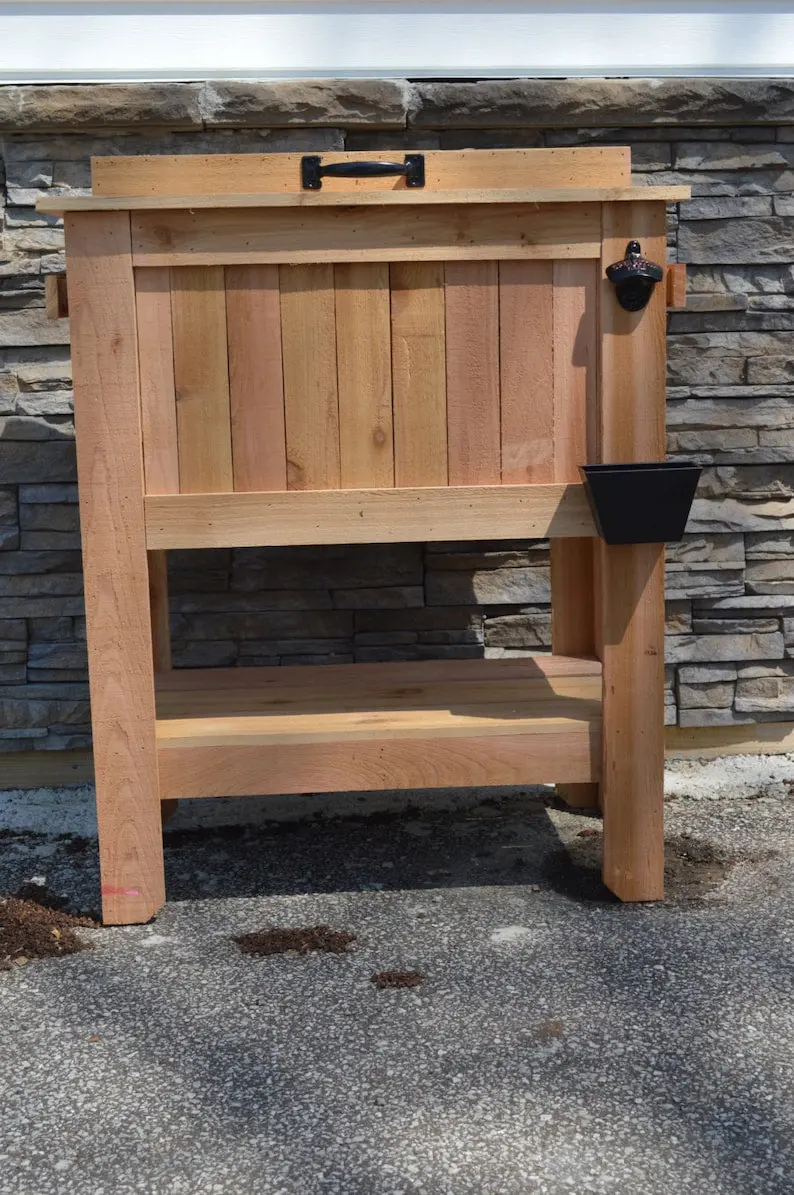 Antique-Style 48-Quart Cedar Beer Cooler Stand – All-Weather Outdoor Beverage Station with Brass Drain & Accessories