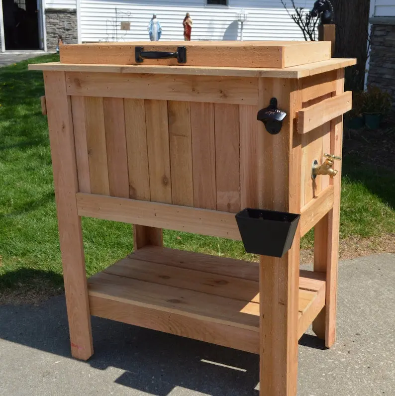 Antique-Style 48-Quart Cedar Beer Cooler Stand – All-Weather Outdoor Beverage Station with Brass Drain & Accessories
