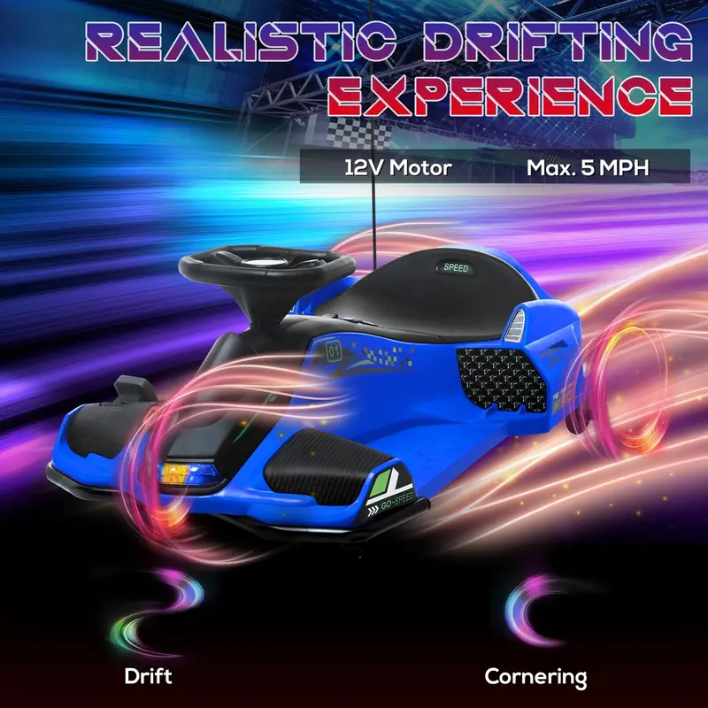 Aosom 12V Electric Drift Go-Kart for Children – Blue Model with LED Lights and Sound Effects