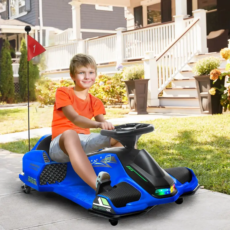 Aosom 12V Electric Drift Go-Kart for Children – Blue Model with LED Lights and Sound Effects