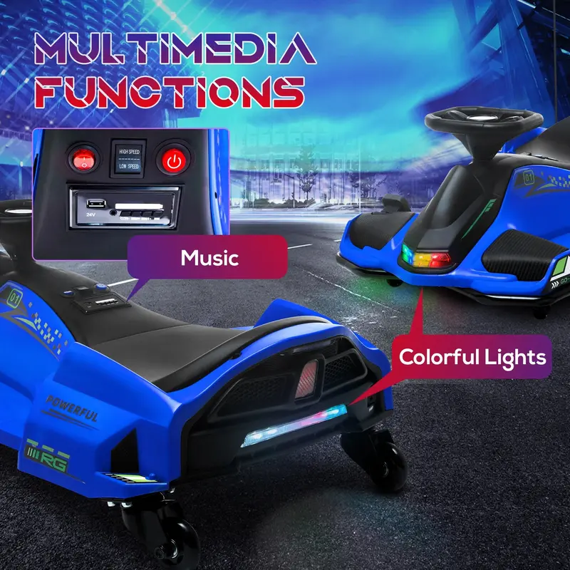 Aosom 12V Electric Drift Go-Kart for Children – Blue Model with LED Lights and Sound Effects