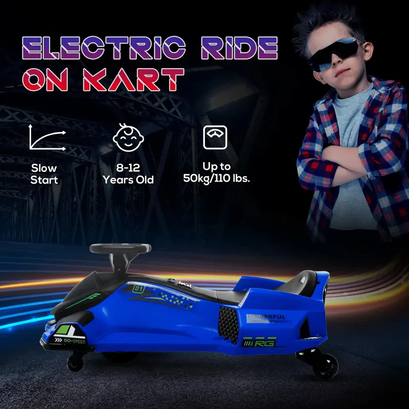 Aosom 12V Electric Drift Go-Kart for Children – Blue Model with LED Lights and Sound Effects