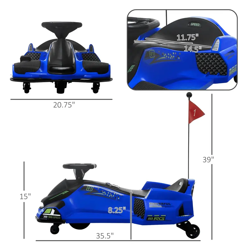 Aosom 12V Electric Drift Go-Kart for Children – Blue Model with LED Lights and Sound Effects
