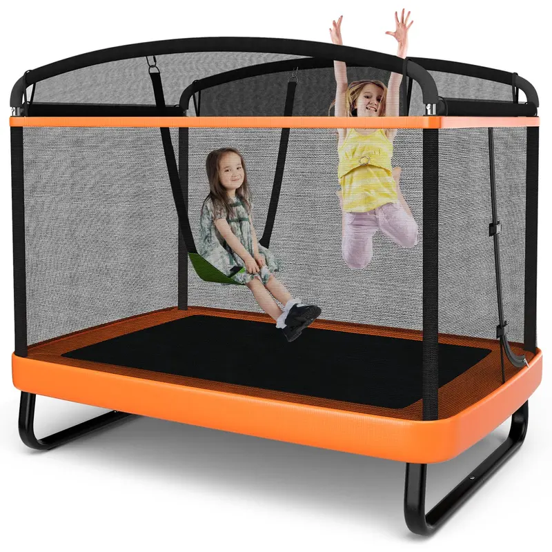 ASTM-Certified Kids' Rectangular Trampoline with Enclosed Safety Net and Built-In Swing