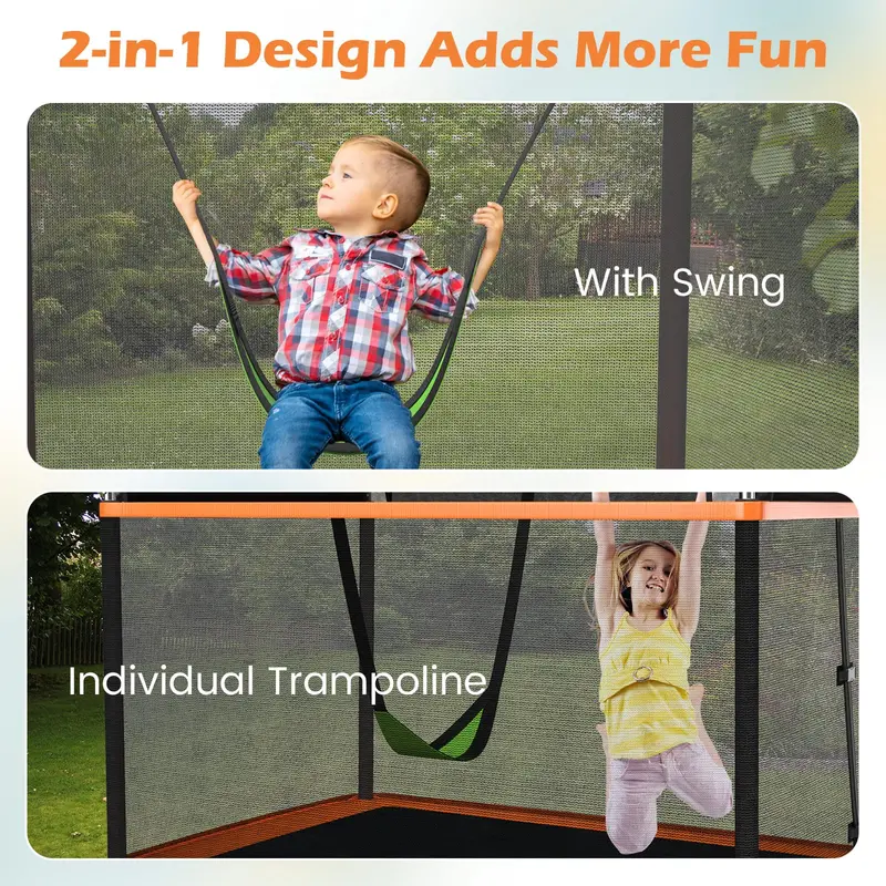 ASTM-Certified Kids' Rectangular Trampoline with Enclosed Safety Net and Built-In Swing 2