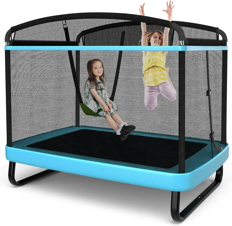 ASTM-Certified Kids' Rectangular Trampoline with Enclosed Safety Net and Built-In Swing