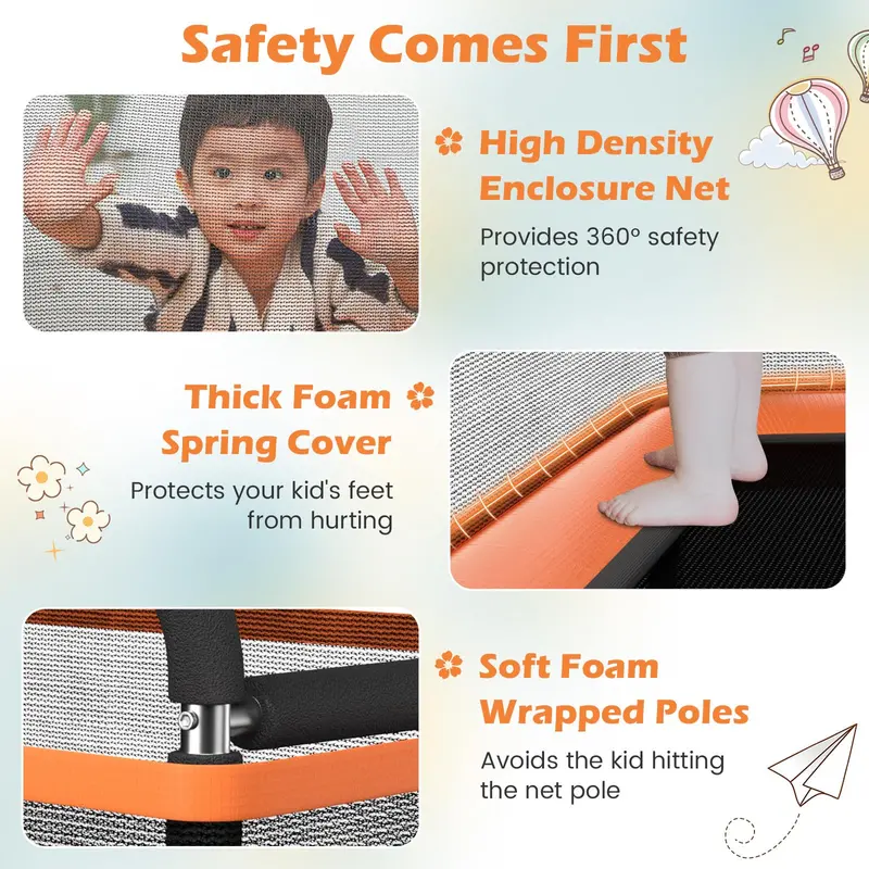 ASTM-Certified Kids' Rectangular Trampoline with Enclosed Safety Net and Built-In Swing