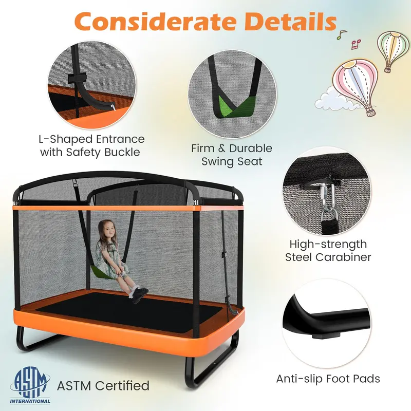 ASTM-Certified Kids' Rectangular Trampoline with Enclosed Safety Net and Built-In Swing