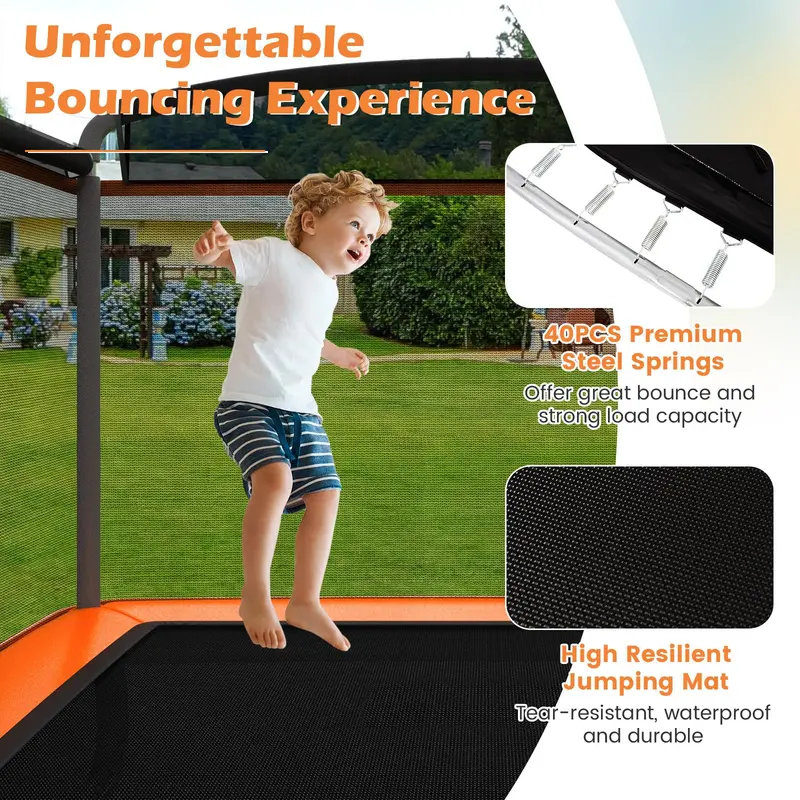 ASTM-Certified Kids' Rectangular Trampoline with Enclosed Safety Net and Built-In Swing