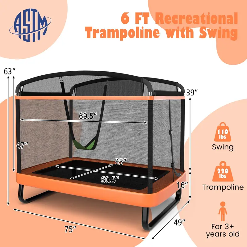 ASTM-Certified Kids' Rectangular Trampoline with Enclosed Safety Net and Built-In Swing