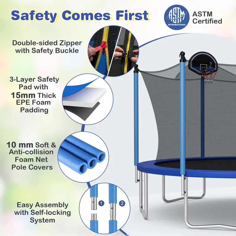 ASTM-Certified Round Trampoline – 12FT, 14FT, or 15FT with Safety Net & Hoop