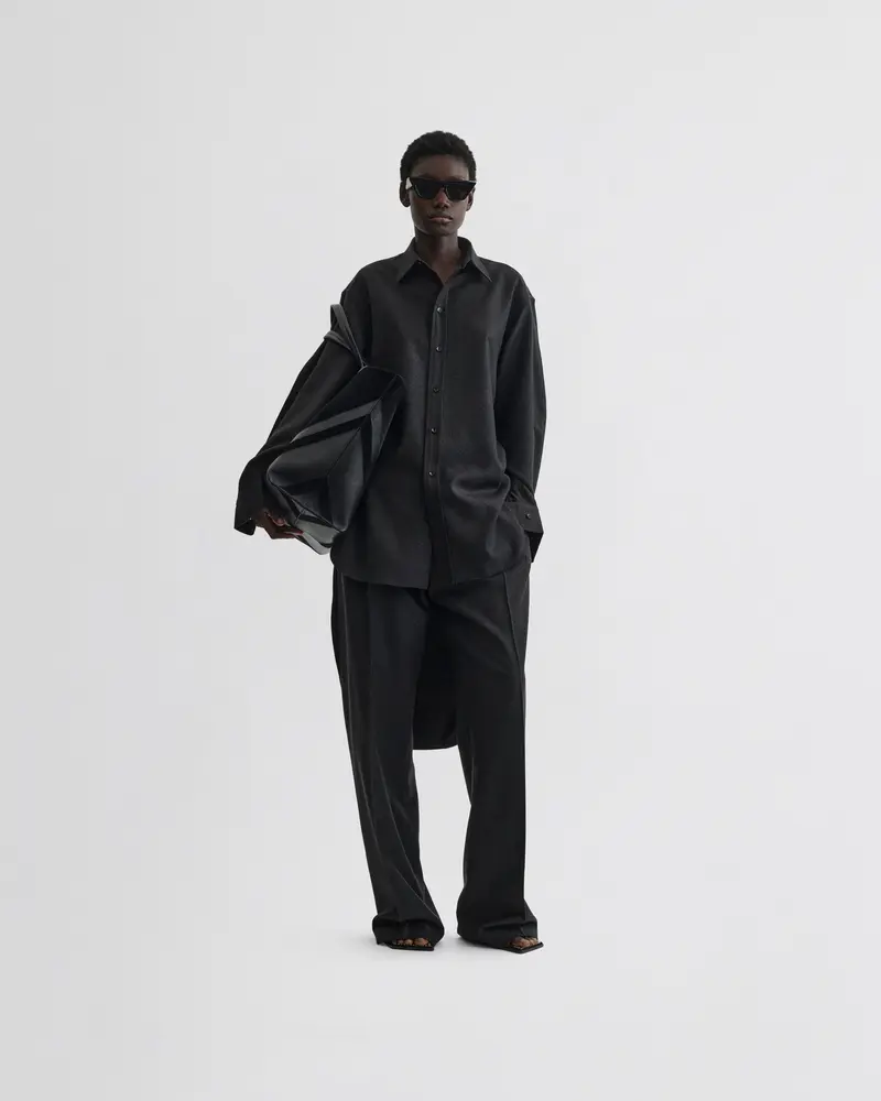 Asymmetric Long-Sleeve Wool Shirt In Charcoal